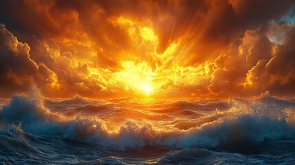 Leinwandbilder - light of faith view of a stormy sea with golden rays of sun shining through the clouds