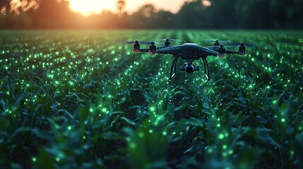 Fototapete - low polygonal wireframe style with drone flying on a corn field smart farm agricultural technology and innovations illustratio
