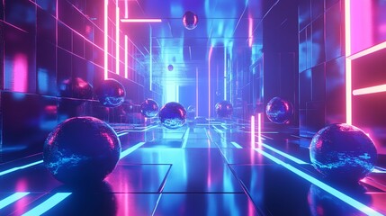 Wall Mural - neon glowing futuristic corridor with blue and pink lights.