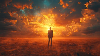 Aufkleber - man standing in the middle of the desert and looking at the heavens in the sky bright light in dark sky