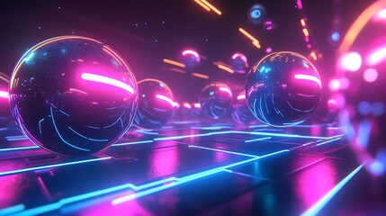 Wall Mural - shiny spheres illuminated by neon lights on a futuristic surface.