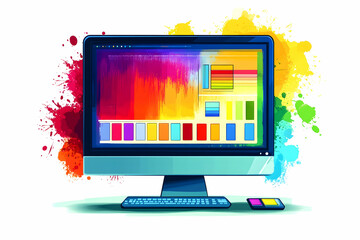 Colorful desktop computer screen displaying a graphic design software interface with color palettes and swatches.