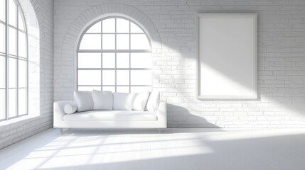 Wall Mural - Sunlit Minimalist Living Room Interior Design with White Sofa and Arch Windows