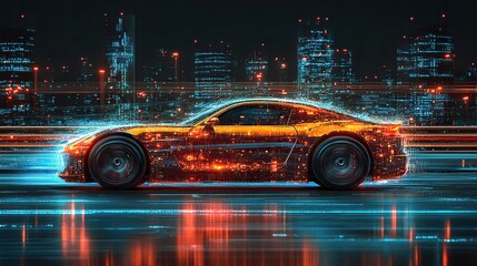 Poster - modern technological art style a car driving on the highway surrounded by car insurance related element