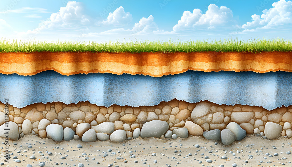Cross-section illustration of soil layers, grass, rocks, and sand ...