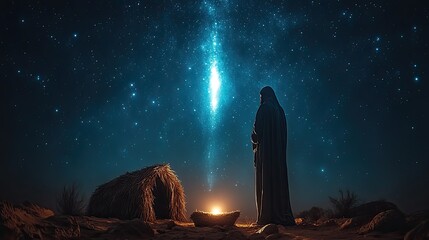 Poster - nativity silhouette of a stable in the desert with starry sky and bright comet