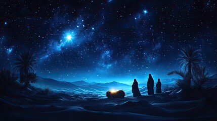 Aufkleber - nativity silhouette of a stable in the desert with starry sky and bright comet