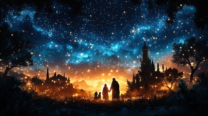 Aufkleber - nativity silhouette of the holy family digital illustration