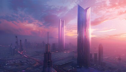 Futuristic 3D visualization of a high-tech city with towering skyscrapers, neural networks and innovative AI technologies