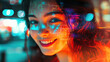 © Pavithiran - A beautiful girl with a smile on her face communicates with colleagues online, on a laptop. Generative AI