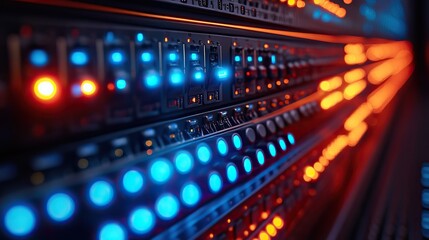 Poster - network server panel switch and patch cord cable in data center glowing in the dark blue le
