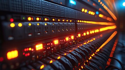 Poster - network server panel switch and patch cord cable in data center glowing in the dark blue le