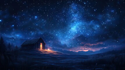 Aufkleber - night landscape with a stable and a starry sky nativity concept