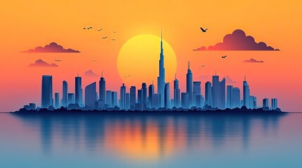 Poster - panorama view of dubai and city skyline with world famous landmarks in paper cut style illustratio