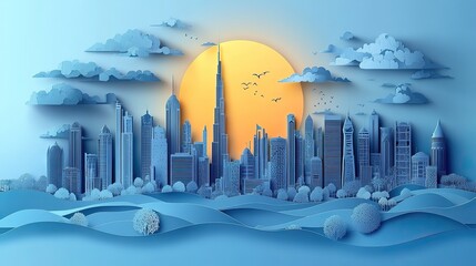 Poster - panorama view of dubai and city skyline with world famous landmarks in paper cut style illustratio