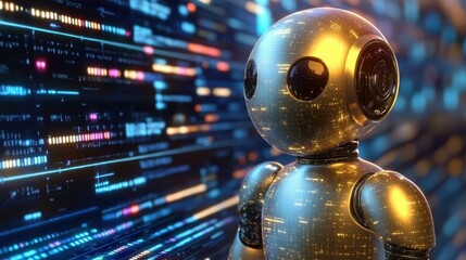 Tech Innovation Trends. Futuristic robot looking at glowing data streams with digital code, technology innovation concept for AI, programming, cyber security, software development background, modern
