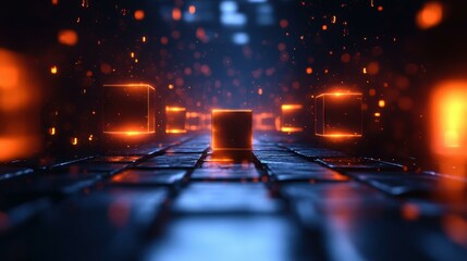 Virtual Reality Interface. Futuristic computer keyboard key glowing in digital cyber space with bokeh lights, technology background for innovation, IT presentations, gaming or software development th