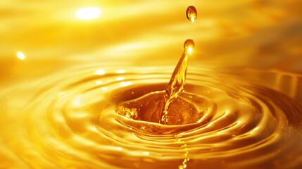 Wall Mural - close-up of a golden water droplet splashing, creating ripples in warm, shimmering liquid.