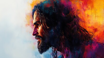 Leinwandbilder - portrait of jesus christ in profile colorful abstract background