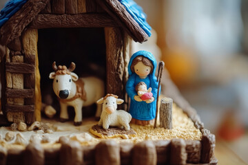 Wall Mural - Christmas nativity scene Creche with Joseph Mary, Jesus and cow