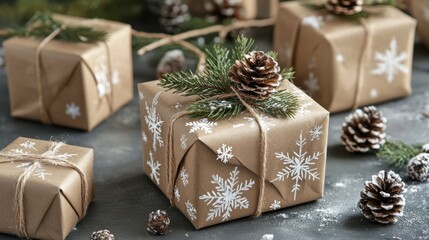 Christmas gift boxes wrapped in craft paper, decorated with white festive patterns, tied with natural rope, and adorned with cypress branches and cones. Minimalist and eco-friendly holiday packaging.