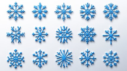 collection of twelve stylized blue snowflakes, various shapes and sizes, on a light gray background.