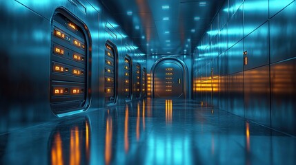 Fototapete - safe deposit boxes and realistic lockers for safe keeping in 3d a group of steel vaults with code locks for personal use in subterranean or basement storag