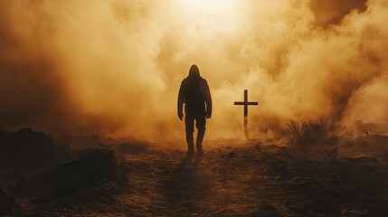 Poster - silhouette of a man in the desert with a cross in the smoke and dust under the sun