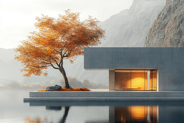 Wall Mural - Modern Concrete House Autumn Tree Lakeside Mountain View