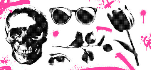 Wall Mural - abstract collage poster featuring a halftone skull, sunglasses, rose, and eye. punk vector design wi
