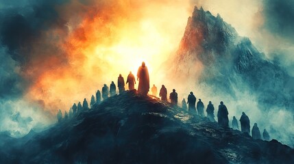Aufkleber - the greatest miracle transiguration of jesus llustration of jesus appearing bright to the apostles on a mountain digital watercolor painting