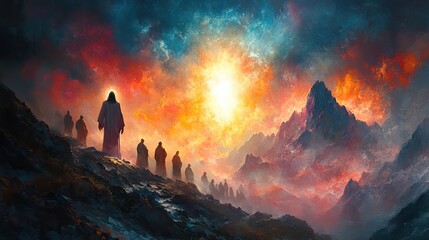 Aufkleber - the greatest miracle transiguration of jesus llustration of jesus appearing bright to the apostles on a mountain digital watercolor painting
