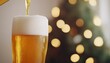 © Wimon - A golden stream of cold beer pouring from a crane into a frosty glass, with a blurred Christmas tree adorned with twinkling lights in the background.