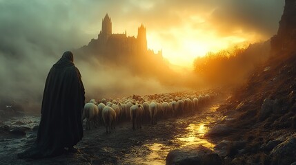 Poster - the shepherdsr visit soft misty scene with shepherds and flock visiting the holy birthplace digital painting