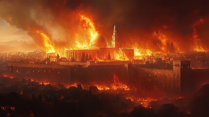 Poster - tisha brav the destruction of the temple of jerusalem engulfed in flames digital painting