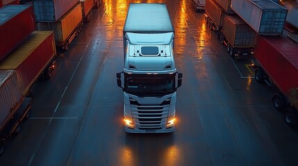 Poster - view from above of a white semi truck towing a cargo trailer in a private parking lot alongside other truck