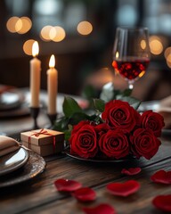 Romantic candlelit dinner setting with roses and wine