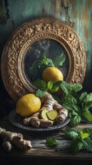 Wall Mural - Refreshing herbal drink with lemon and mint beside turmeric roots in a rustic setting