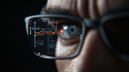 Close-up of a human eye reflecting a digital interface through eyeglasses. High-tech vision and augmented reality concept