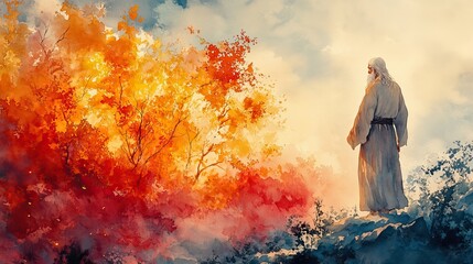 Poster - watercolor painting of moses in front of the burning bush