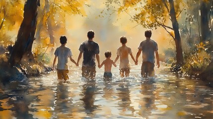 Aufkleber - watercolor painting of a river baptism