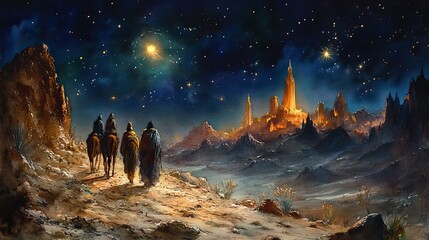 Aufkleber - watercolor painting of the visit of the three wise men