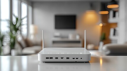 Poster - white wifi router wireless broadband modem with antennas in front and perspective view ethernet router for network connection and internet access isolated on white backgroun