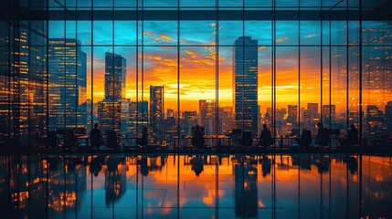 Poster - working during the evening in a glass business center office building with many glass walled offices and time lapse lighting individuals seated at desks take a zoom ou