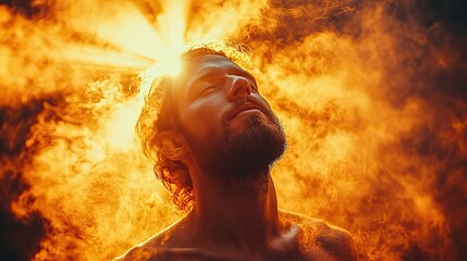 Aufkleber - young man praying in the smoke on the background of the rays of the sun worship