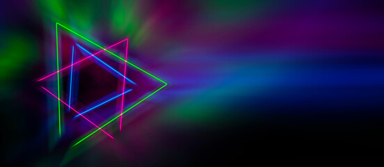 Leinwandbilder - Dark abstract background with neon lines and shapes.