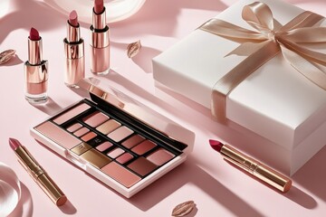 Elegant makeup palette and tools arranged on a pink background with gifts