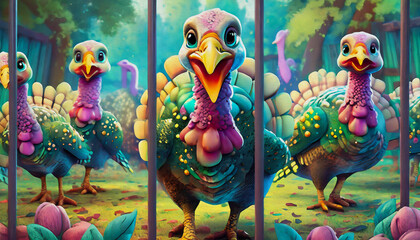 Poster - oil painting style cartoon character illustration turkeys walk around the paddock, view from behind bars 