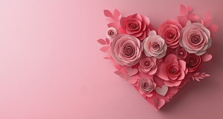 Wall Mural - Heart shaped arrangement of pink paper flowers with delicate leaves on a soft pink background