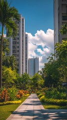 Poster - Peaceful urban pathway lined with greenery and modern buildings under a bright sky